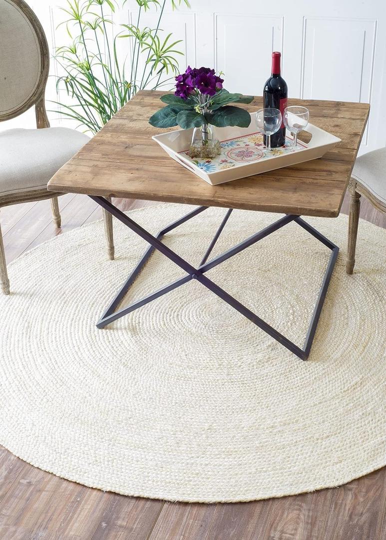 FRELISH DECOR Handwoven Jute Area Rug - Off-White Round Rustic Vintage Braided Reversible Rug - Eco Friendly Rug for Bedroom - Kitchen - Living Room - Farmhouse (6' Round - Off-White)