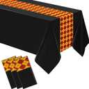 Oudain 3 Pcs 3 Pcs Wizard Tablecloth 54 x 108 Inches Plastic Black Table Cover Red Golden Tablecloth Disposable Magical Party Supplies for Halloween Witch Birthday Party Decoration (Rhombus)