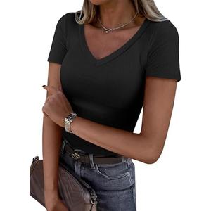 ANRABESS Women Short Sleeve V Neck Ribbed Knit Fitted Shirts Basic Tees Tops 2025 Summer Casual T-Shirts Going Out Outfits, M
