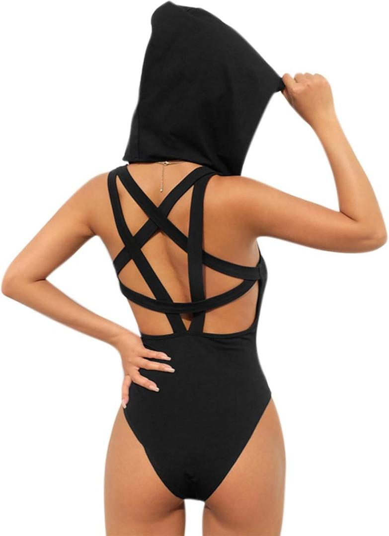 JUMISEE Women Rave Pentagram Bodysuit Jumpsuit Sexy Hoodie Festival Clothing Romper for Dance Party Clubwear (Large, Black)