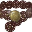 Suyi Wide Disc Belt for Women Leather Hollow Out Round Belts Vintage Western Waist Belt (Length 45'' (fit waist size below 43''), Brown)