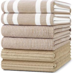 Homaxy Premium Kitchen Towels(18x 28, 6 Pack), Large Cotton 380 GSM Kitchen Hand Towels, Soft and Absorbent Terry Dish Towels, Multipurpose Tea Towel Set with Hanging Loop, Khaki