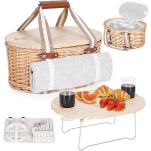 Picnic Basket Set for 2 - Wicker Insulated Picnic Basket with Waterproof Blanket, Folding Wine Picnic Table & Cutlery Kits, Picnic Baskets Kit for Camping, Outdoor, Valentine (White Flower)