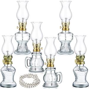 Yexiya 6 Pcs Chamber Oil Lamps Oil Lamp Vintage Glass Kerosene Lamp Bulk with Adjustable Fire Wick Rustic Clear Hurricane with 6.6 ft Extra Wick for Indoor Use Home Decor 8 Inch (Classic Style)