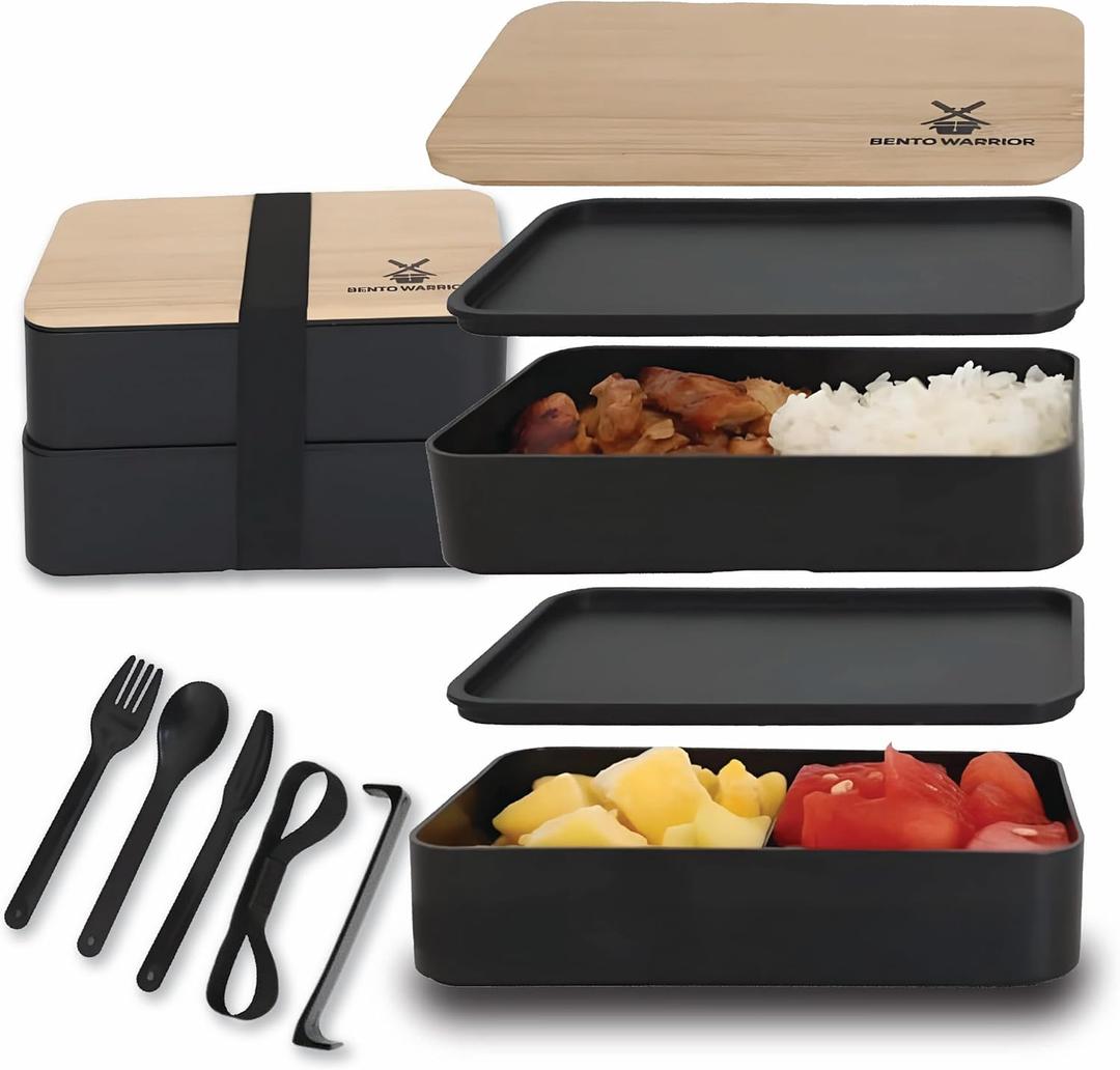 Bento Box Adult Lunch Box Set with Compartments – Stackable Dual-Layer Lunch Containers for Men & Women, Lightweight & Durable, Black Base & Wood Grain Lid, for Work, School, Travel, Meal & Prep