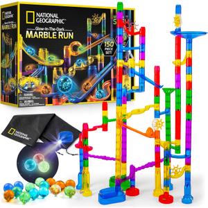 NATIONAL GEOGRAPHIC Glowing Marble Run 150 Piece Construction Set with 30 Glow in The Dark Glass Marbles & Storage Bag, STEM Gifts for Boys and Girls, Building Project Toy 