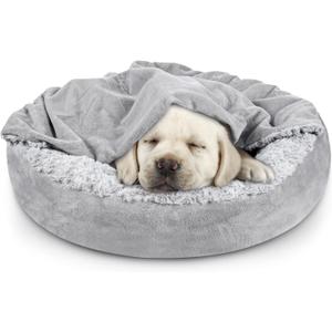 JOEJOY Small Dog Bed Cat Bed with Hooded Blanket, Cozy Cuddler Luxury Puppy Pet Bed, Donut Round Calming Anti-Anxiety Dog Burrow Cave Bed - Anti-Slip Bottom and Machine Washable 23 inch (Grey)
