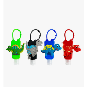 4Pcs Cartoon Kids Empty Travel Bottles Hand Sanitizer Holder with Silicone Case Keychain Carrier, Leak Proof Refillable Portable Travel Containers for Liquid Soap, Lotion (Dinosaur)