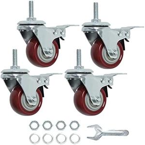 Finnhomy Swivel Caster Wheels 2 Inch Heavy Duty Threaded Stem Casters 1/4" - 20 x 1 with Brake Set of 3 for Wire Shelves Wheels PU Load Bearing 800 Lbs Anti-wear Smooth Casters, Red