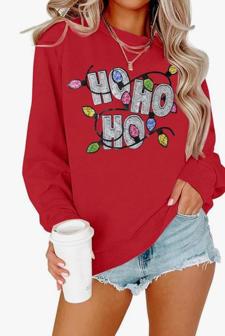 LOTUCY Sequin Christmas Sweatshirt Women: Santas Favorite HoHoHo Christmas Sweater Merry Holiday Long Sleeve Tops, S