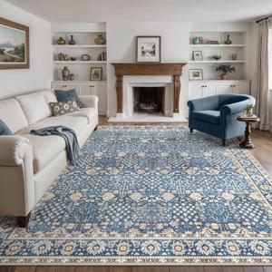 Bavni Washable Rugs 8x10-Machine Washable Rug Lightweight Low Pile, Vintage Floral Rug Non-Shedding Distressed Throw Carpet for Living Room Bedroom Office, Lake Blue