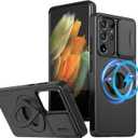 ANNGELAS for Samsung Galaxy S21 Ultra Mag-Safe Kickstand Case with Slide Camera Cover,Slim Shockproof Military Heavy Duty Anti-Drop Full Body Protection,360 Rotating Stand Magnetic Phone Case(Black)