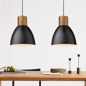 ELYONA 2 Pack Hammered Pendant Lights, 10.2 Industrial Metal Solid Wood Hanging Lamp, Modern Island Pendant Light Fixtures for Kitchen Bar, Farmhouse Dining Room, Bedroom, Living Room, Office, Black (Medium)