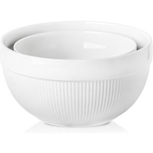 Ceramic Large Mixing Bowls for Kitchen, Set of 2 Big Serving Bowls for Cooking, Popcorn, Salad, Soup, Baking, Dough Bread Making Bowl, 10 inch + 8 inch, White