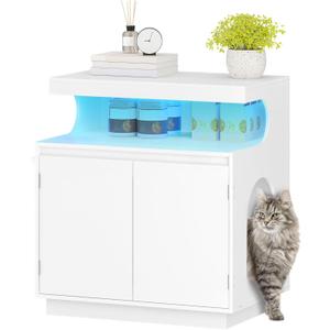 Modern Cat Litter Box Enclosure, Hidden Litter Box Cabinet Furniture with Storage, Wooden Indoor Cat House with LED Light, 26.8 Wide Side Cabinet, Nightstand, for Living Room, White CB85803X