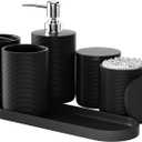 6-Piece Bathroom Accessory Set Resin, Black Bath Accessories Complete with Toothbrush Holder, Lotion Soap Dispenser, 2 Qtip Holders,Vanity Tray,Bathroom Tumbler - Countertop Vanity Organizer