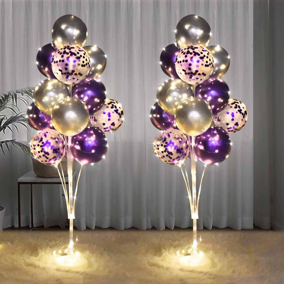 2 Set Floor Balloon Stand Kit with String Light Balloon Holder Centerpieces Floor Decoration for Birthday Party Bachelorette Party (Purple&Silver)