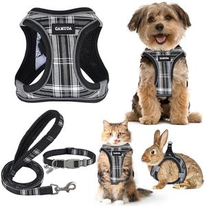 GAMUDA Small Dog Harness Collar and Leash Set, Step in No Chock No Pull Soft Mesh Adjustable Dog Vest Harnesses Plaid Reflective for Dogs Puppy Cats Kitten Rabbit (Black, S)