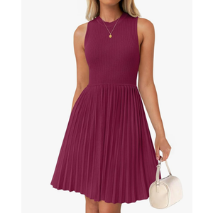 ZESICA Women's Summer Sleeveless Mini Dress 2025 Crewneck Knit A Line Pleated Swing Casual Basic Short Dress, Size Small