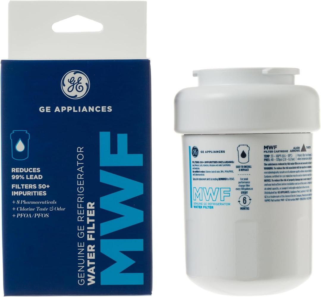 GE MWF Refrigerator Water Filter, Genuine Replacement Filter, Certified to Reduce Lead, Sulfur, and 50+ Other Impurities, Replace Every 6 Months for Best Results, Pack of 1