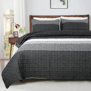 Quilts Queen Size Bedding Set, Soft Microfiber Quilts Set, Patchwork Striped Lightweight Bedspread with 1 Quilt and 2 Pillow Shams for All Season (Black and White, 96"x90")