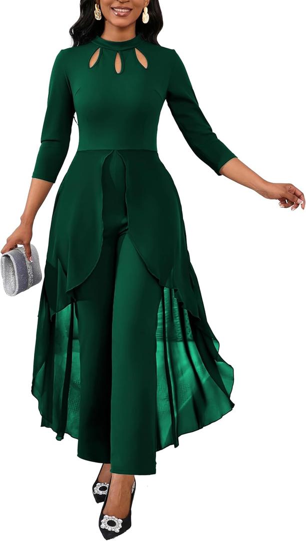 Green Jumpsuit for Woman Dressy Crew Neck Long Sleeve Hight Waist One Piece Jumpsuit Elegant Casual Straight Long Pants Wide Leg Pants (Green, S)