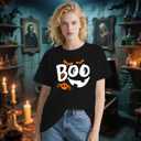 Women Halloween Shirts Spooky Boo Pumpkin Face T-Shirt Trick or Treat Party Short Sleeve (Black, XL)