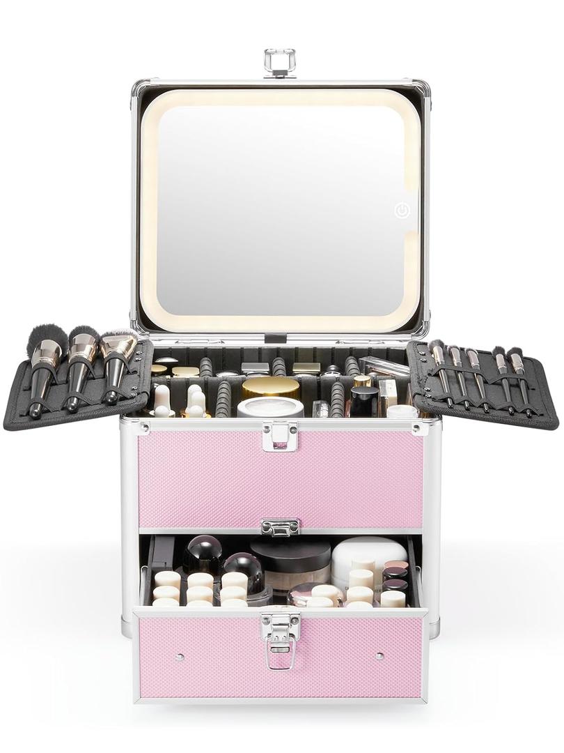 Qislee Makeup Box with Drawer and A Detachable Lighted Mirror, Waterproof Travel Train Case, Cosmetic Organizer and Makeup Suitcase with Adjustable Dividers, Magnetic LED Mirror (ICY Pink)