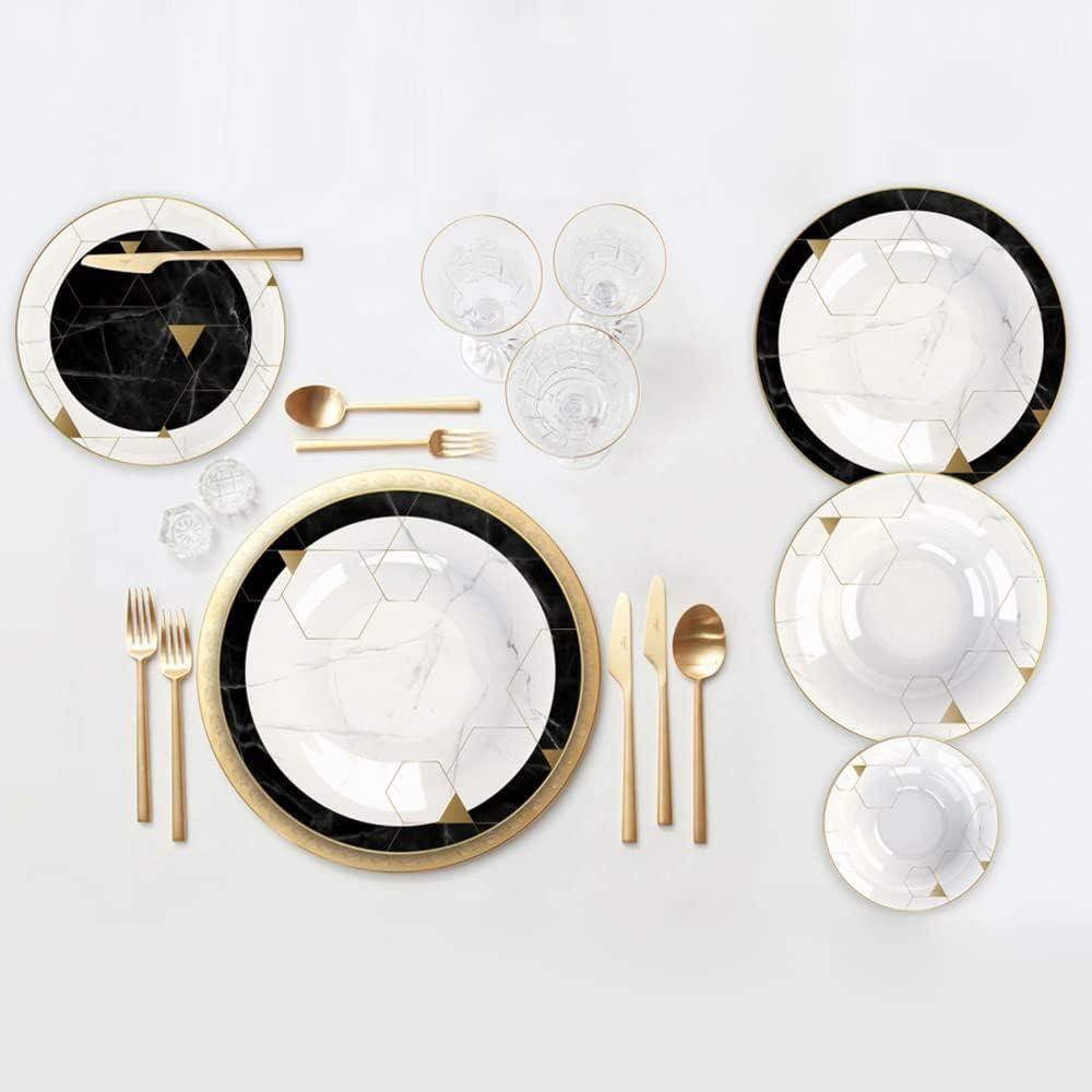 Karaca Blue Gem Bone China Dinner Service Set for 6 People - 24-Piece Dinnerware Set with Plate and Bowl Set, Round Dinnerware Set, Black, White & Gold Dinner Set