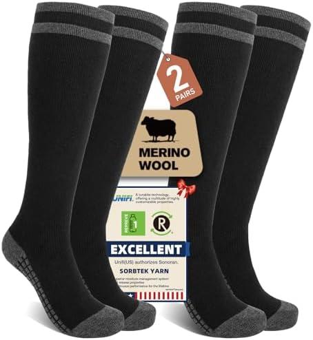 Merino Wool Compression Socks for Women Men (2 Pairs) Knee High Winter Thermal Thick Warm for Nurse Pregnant Travel L/XL