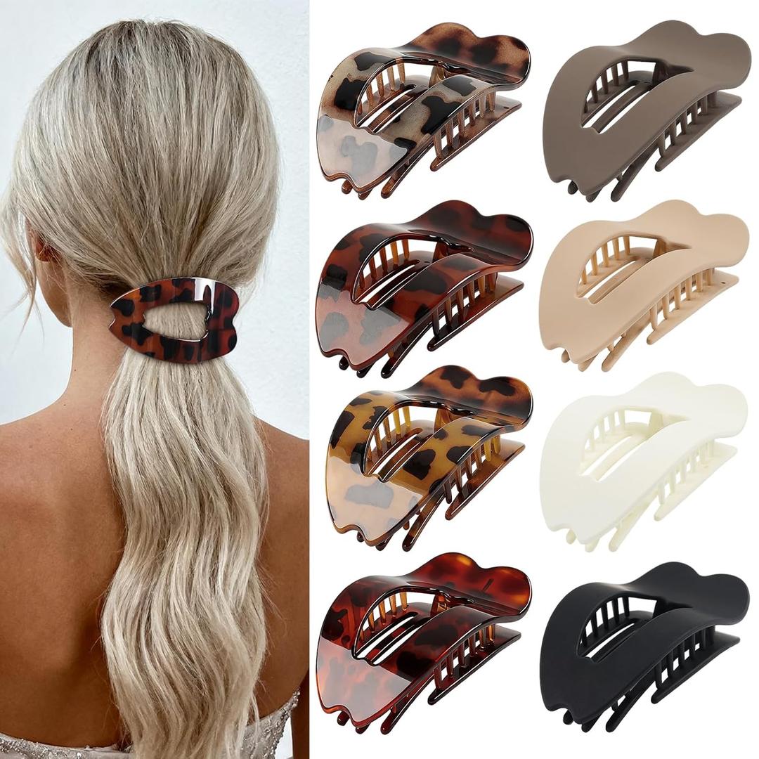 Flat Hair Clips for Women - Stylish French Lay Down Flat Claw Clips for Thick Thin Hair, Comfortable Curved Large Flat Clips, Leopard Print Non-Slip Strong Hold Hair Accessories, Tortoise Pack of 8 (Style 1)