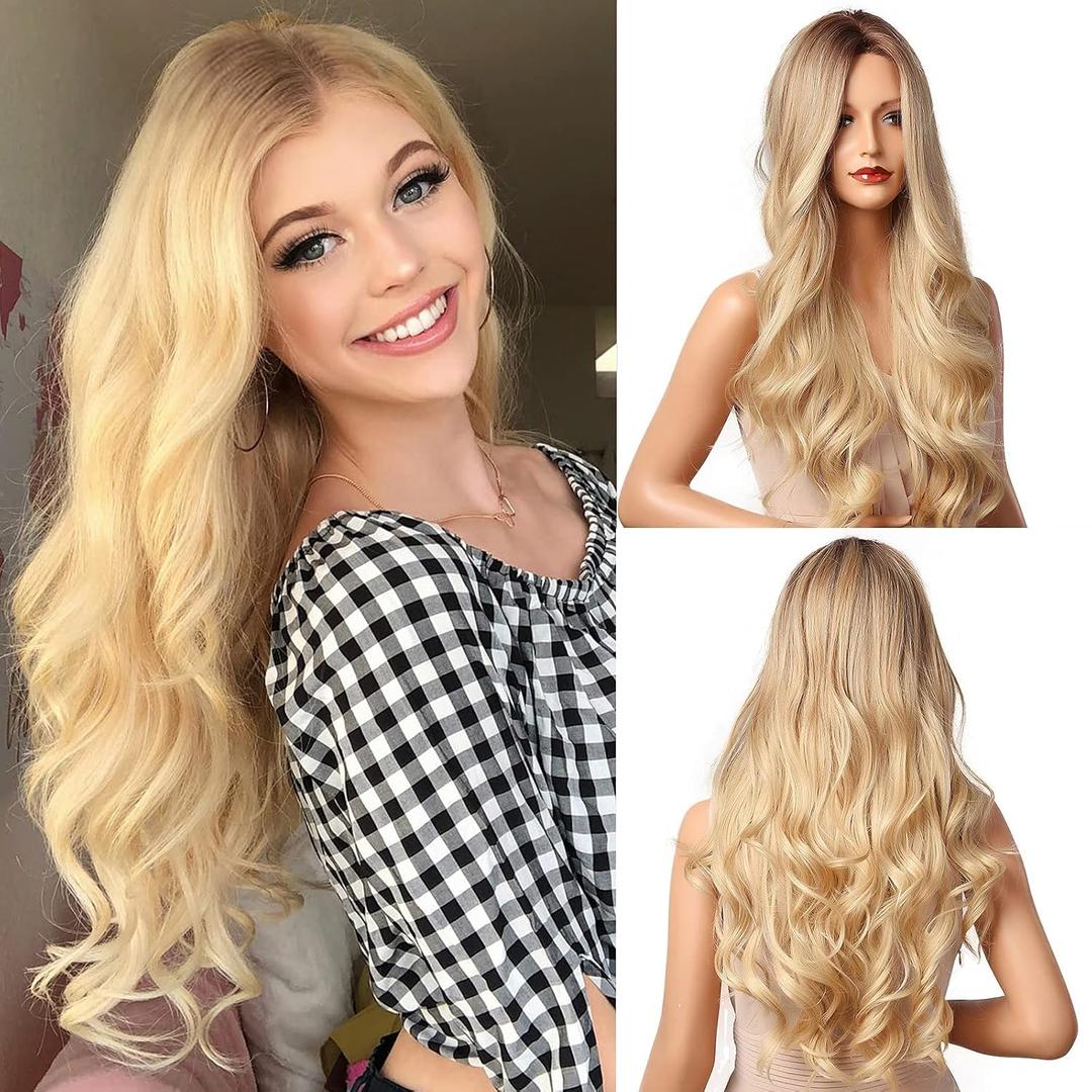 NAYOO Long Blonde Wig for Women - 26'' Blonde Wavy Wig with Dark RootsLong Blond Wig for Daily Party Use