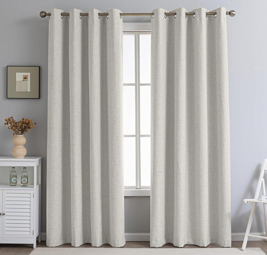 PFAS Free Ivory Linen Curtains 84 inch Length 2 Panels Set Burg 100% Blackout Long Drapes for Bedroom Living Room Blackout Darkening Curtain Thermal Insulated (52x84 inch,Ivory)