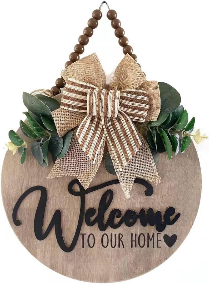 3D Welcome Sign for Front Door | Home/Farmhouse Porch Dcor Wooden Hanging Sign with Artificial Leaves and Rustic Beads | Christmas Classroom |12" Round (Oak_Nature)