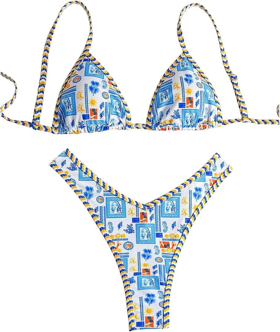 SHENHE Women's Triangle Bikini Set Cheeky High Cut V Waist Swimsuits 2 Piece Bathing Suits (Multicolor) S