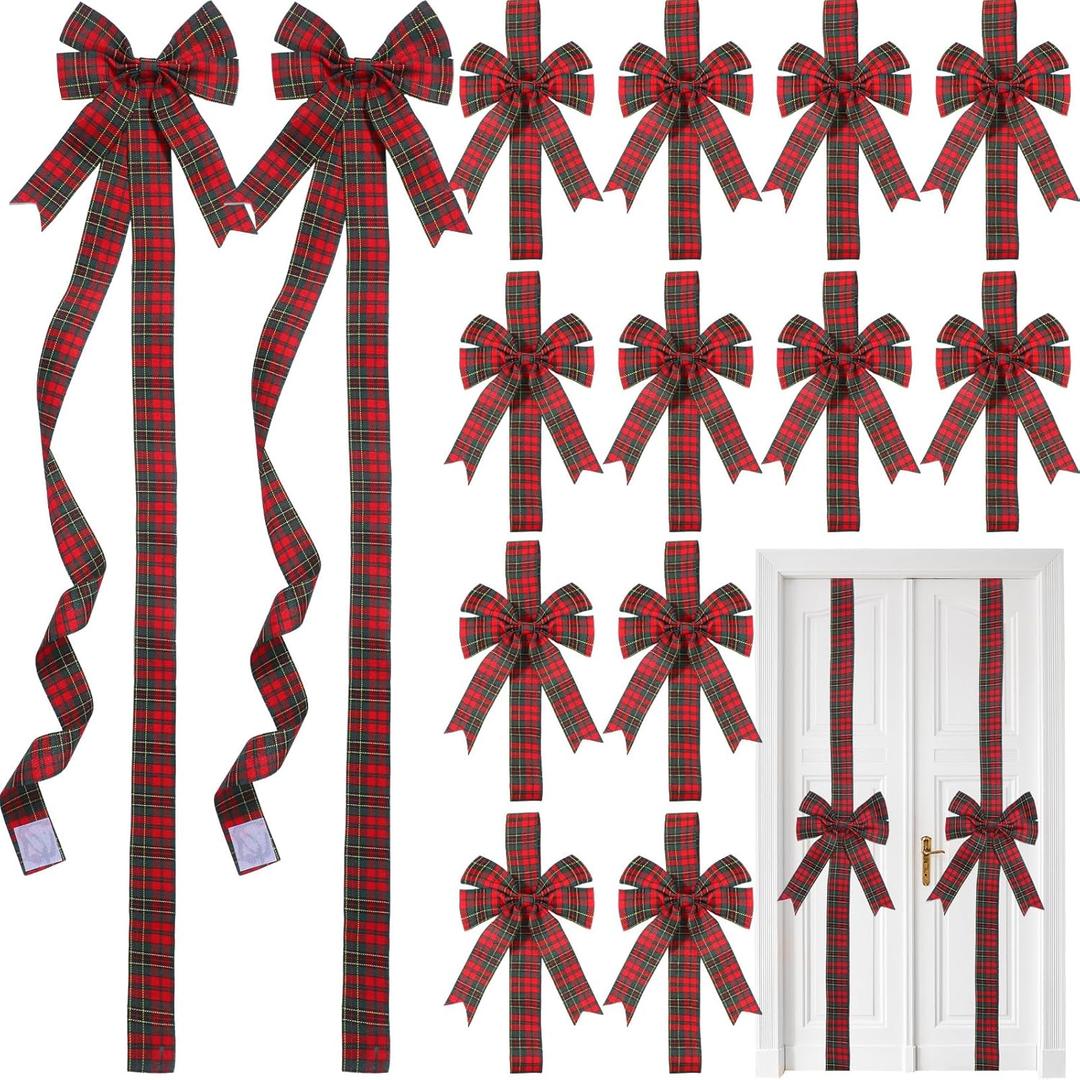 Yinkin 16 Pcs Christmas Cabinet Ribbon Bows 10 x 87 Inch Buffalo Plaid Door Ribbons and Bows Decoration Modern Christmas Decor for Xmas Holiday Kitchen Wall Home Furniture (Red, Green)