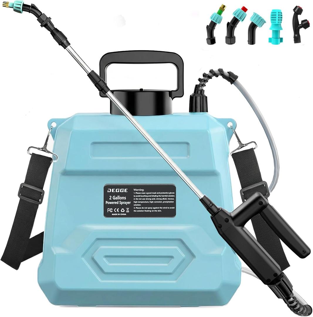 DEGGE Battery Powered Sprayer 2 Gallon, 7.4V Powerful Electric Pump Sprayer, Weed Killer Sprayers with Rechargeable Handle & 5 Mist Nozzles & Retractable Wand & Adjustable Strap for Lawn, Garden, Yard
