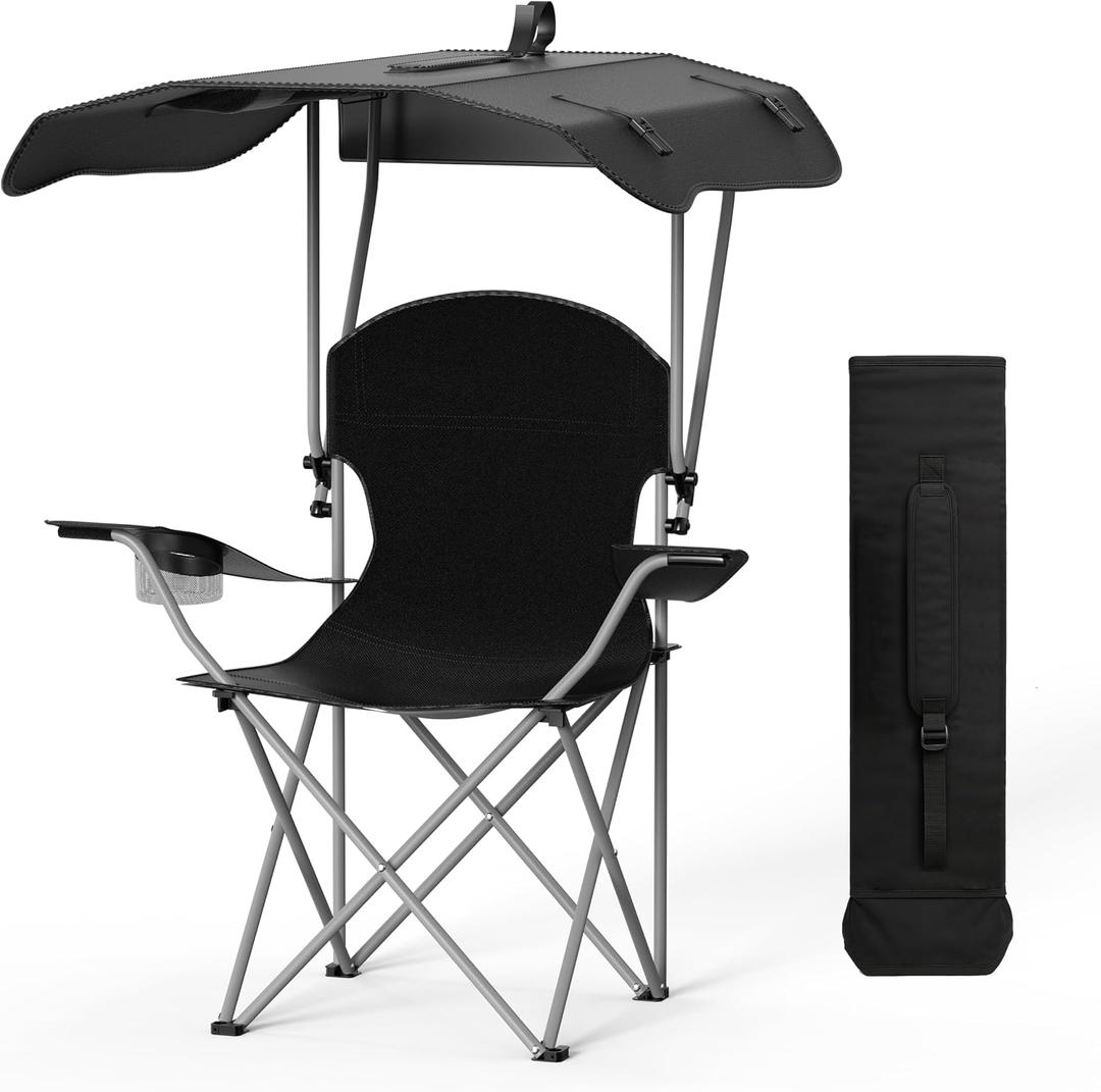 YSSOA Canopy Lounge Chair with Sunshade for Camping, Hiking, Travel, and Other Outdoor Events, with Cup Holder, 21.6" x 21.6" x 36", Black