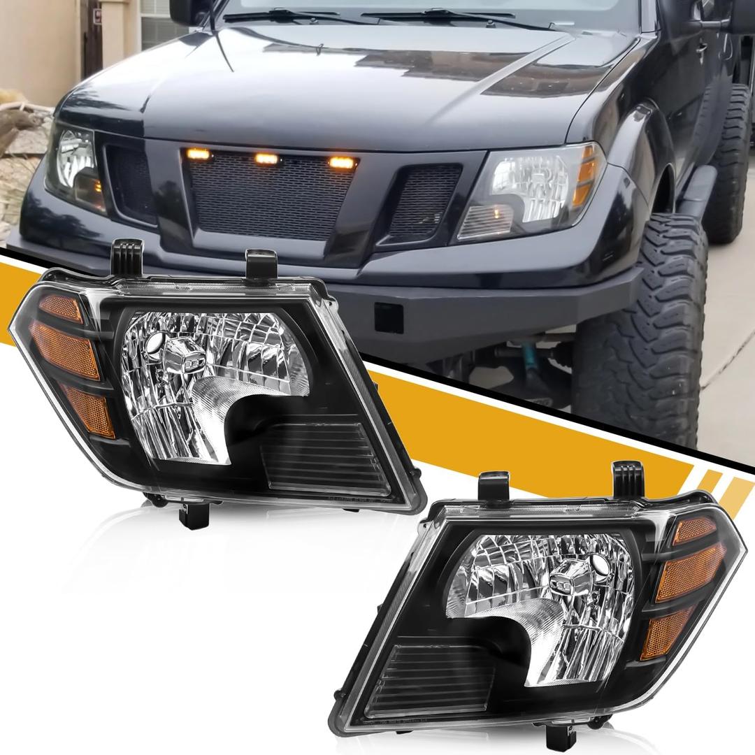 Headlights Assembly Compatible with Nissan 2009-2021 Frontier Headlamps, Halogen Type Replacements for 26060ZL40A 26010ZL40A, w/o Bulbs, Black Housing Clear Lens Amber Corner, Left and Driver Side