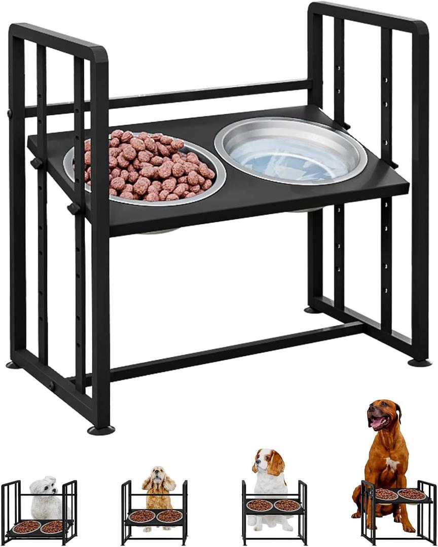Elevated Dog Bowls 4 Height Adjustable Metal Pet Food Feeder Stand with 2 Stainless Steel Bowl Raised Dogs Feeding Station with Non-Slip Mats Black (Black, Without Feeding Mat) (17.91x11.02x17.05in)