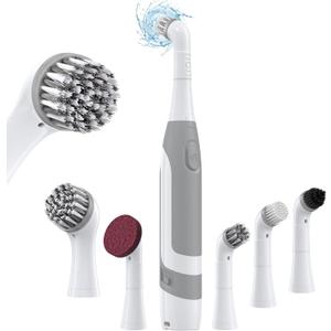 kHelfer Electric Cleaning Brush with Battery Power, KH6A Small Electric Grout Brush&5 Replacement Brush, Lightweight Waterproof Stainless Steel Wire Brush for Grout, Tile, Corner, Kitchen, Bathroom (Gray& White)