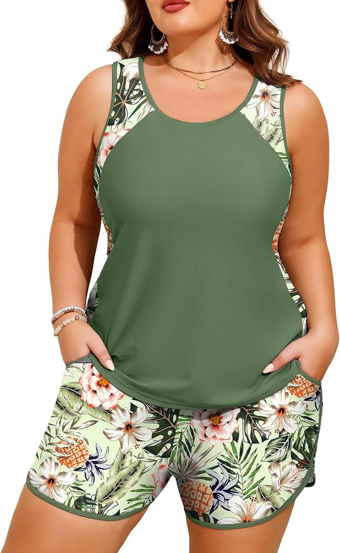 HUSKARY Plus Size Two Piece Tankini Swimsuit for Women 2026 Tummy Control Full Coverage Bathing Suits with Swim Shorts Pocket (Flower05, 20 Plus )