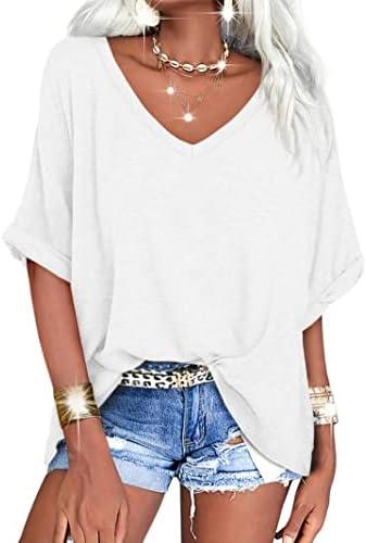 Langwyqu Women's Oversized T Shirts V Neck Short Sleeve Summer Casual Loose Tops Tee, Large