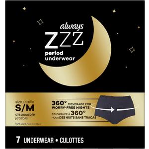 Always ZZZ Overnight Disposable Period Underwear for Women Size S/M, 360 Degrees Coverage, 7 Count
