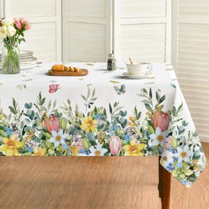 Horaldaily Spring Tablecloth 5270 Inch Rectangular, Colorful Hydrangea Tulip Flower Butterfly Washable Seasonal Table Cover for Party Picnic Dinner Decor (White)
