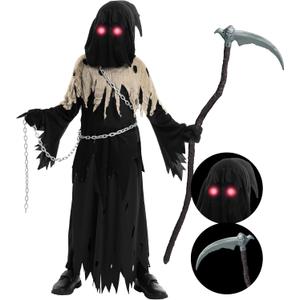 Spooktacular Creations Glowing Eyes Grim Reaper Costume for Kids, Halloween Costume for Boys, Halloween, Dress-up Party (Large(10-12 yr), Brown)