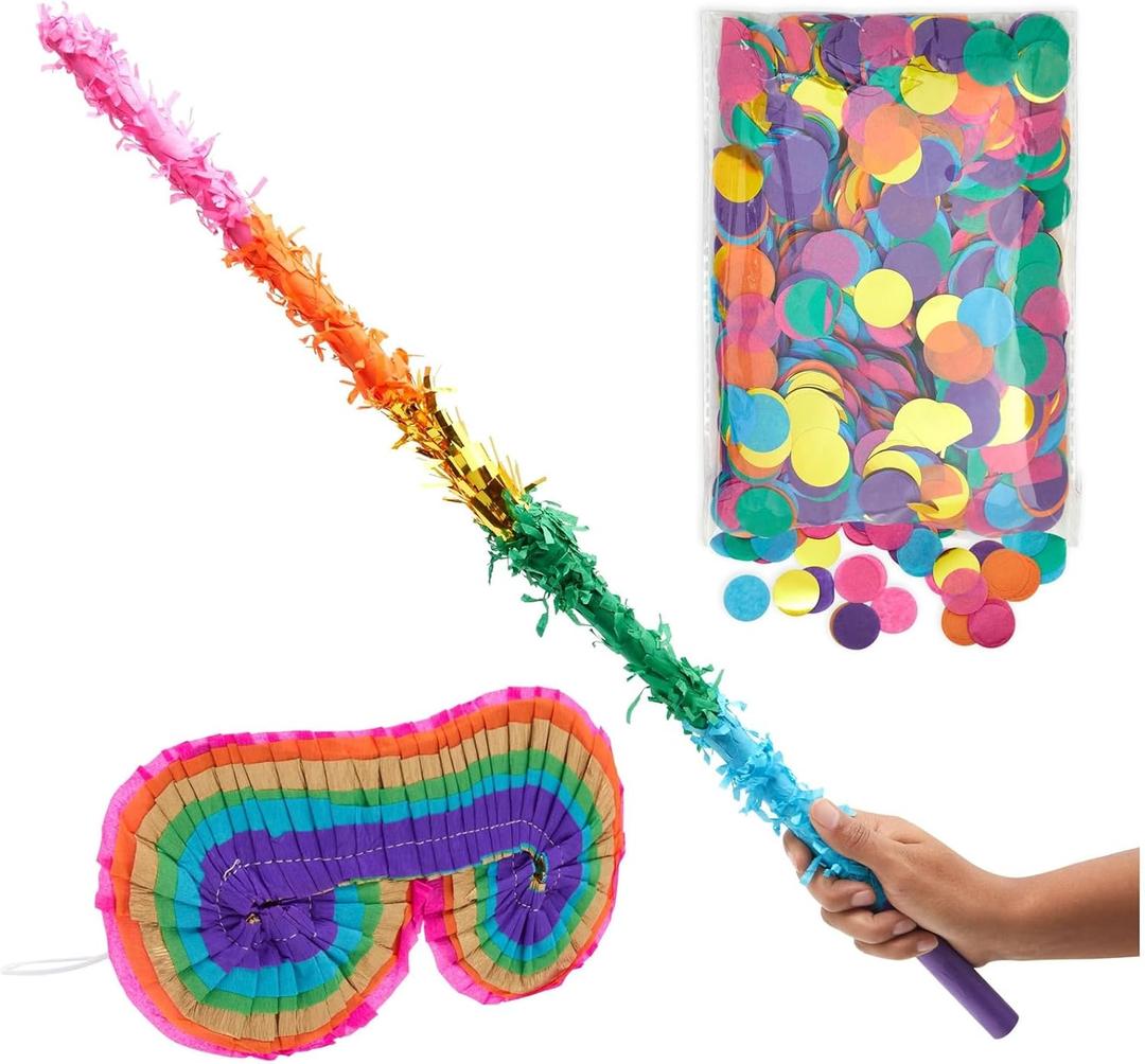 BLUE PANDA 30-Inch Rainbow Pinata Stick with Rainbow Blindfold and Colorful Confetti - Pinata Bat for Birthday Party Supply