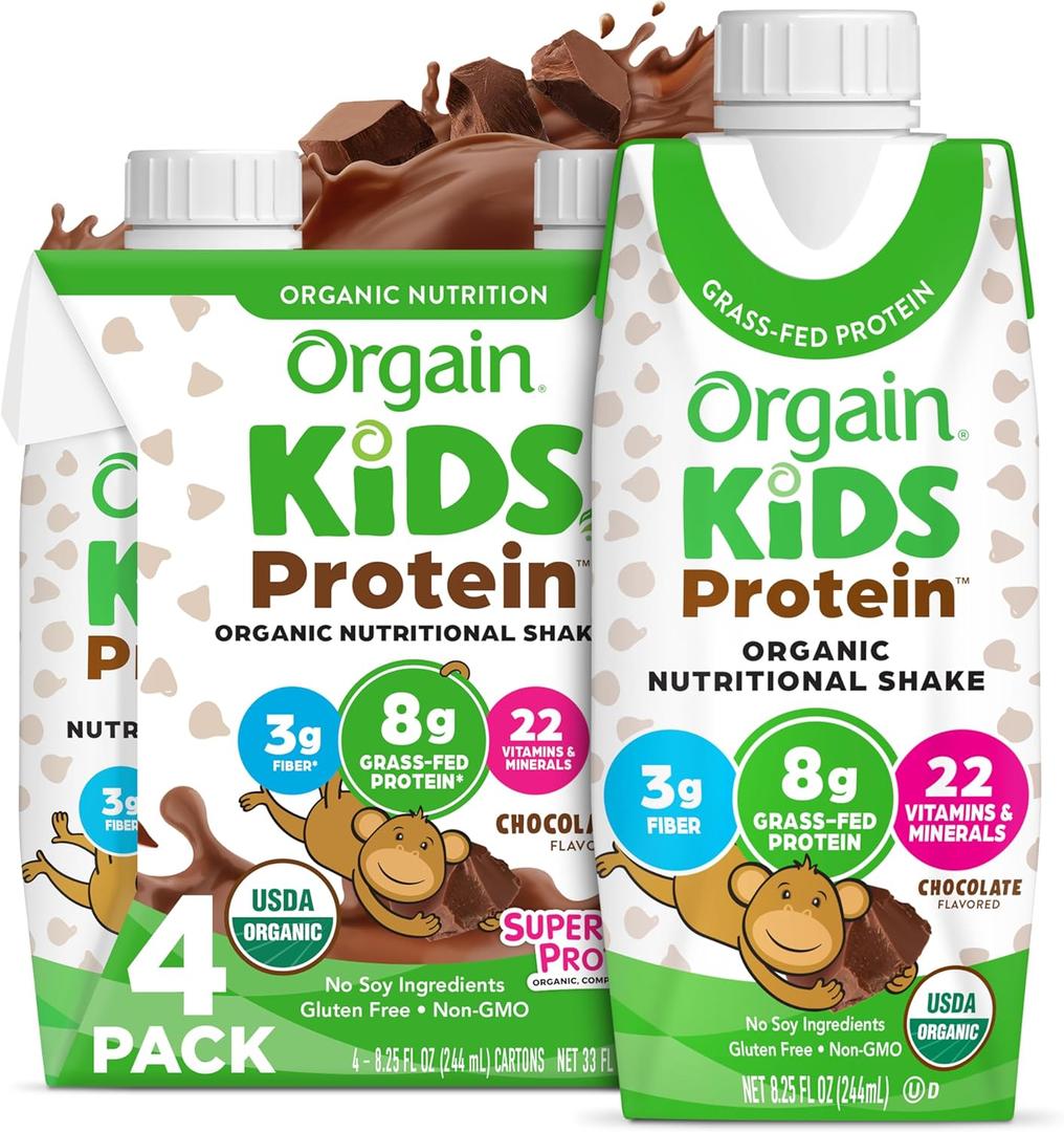 Orgain Organic Kids Protein Nutritional Shake, Chocolate - 8g of Protein, 22 Vitamins & Minerals, Fruits & Vegetables, Gluten Free, Soy Free, Non-GMO, 8.25 Fl Oz (Pack of 4) (EXP 02/05/27)