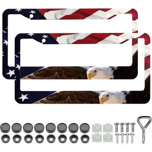 LIN KANG American Flag Eagle License Plate Frame Holder - 2 Pack Patriotic Universal Aluminum Matte Stripe US Flag Gloss Car Tag Frame Holder Accessory with Screws Fasteners Caps