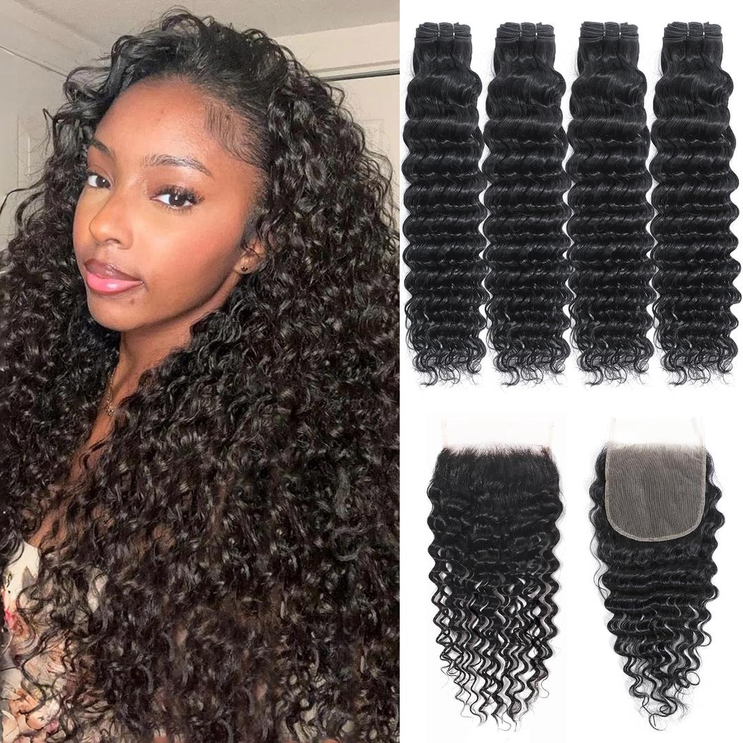 Deep Wave Human Hair Bundles with Closure 20 22 24 26+18 Inch 5x5 HD Lace Closure 15A Deep Curly 4 Bundles Human Hair More Full and Thick 100 Brazilian Virgin Wet and Wavy Water Wave Bundle Human Hair